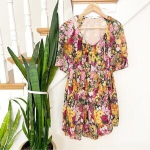 3.1 Phillip Lim Multicolor Floral Round Neck Short Sleeve Pleated Dress Sz 0